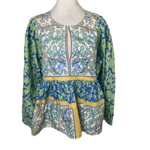 Avara Current Air Large Blue Green Floral Rowen Blouse Keyhole Boho Cottagecore
